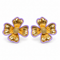 A pair of gold flower-shaped earrings with textured petals, a gold center, and a purple outer border, shown on a plain white background.