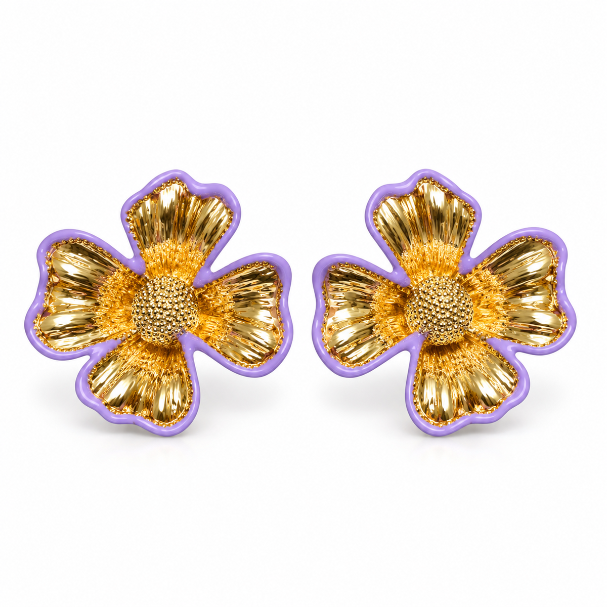 A pair of gold flower-shaped earrings with textured petals, a gold center, and a purple outer border, shown on a plain white background.