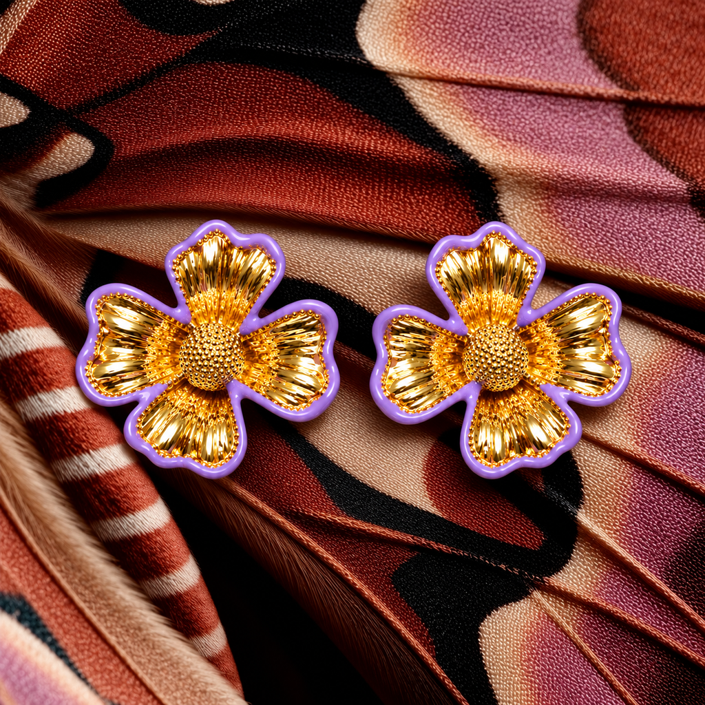 A pair of gold flower-shaped earrings with textured metallic petals and a purple border, displayed on a patterned brown and pink fabric background.
