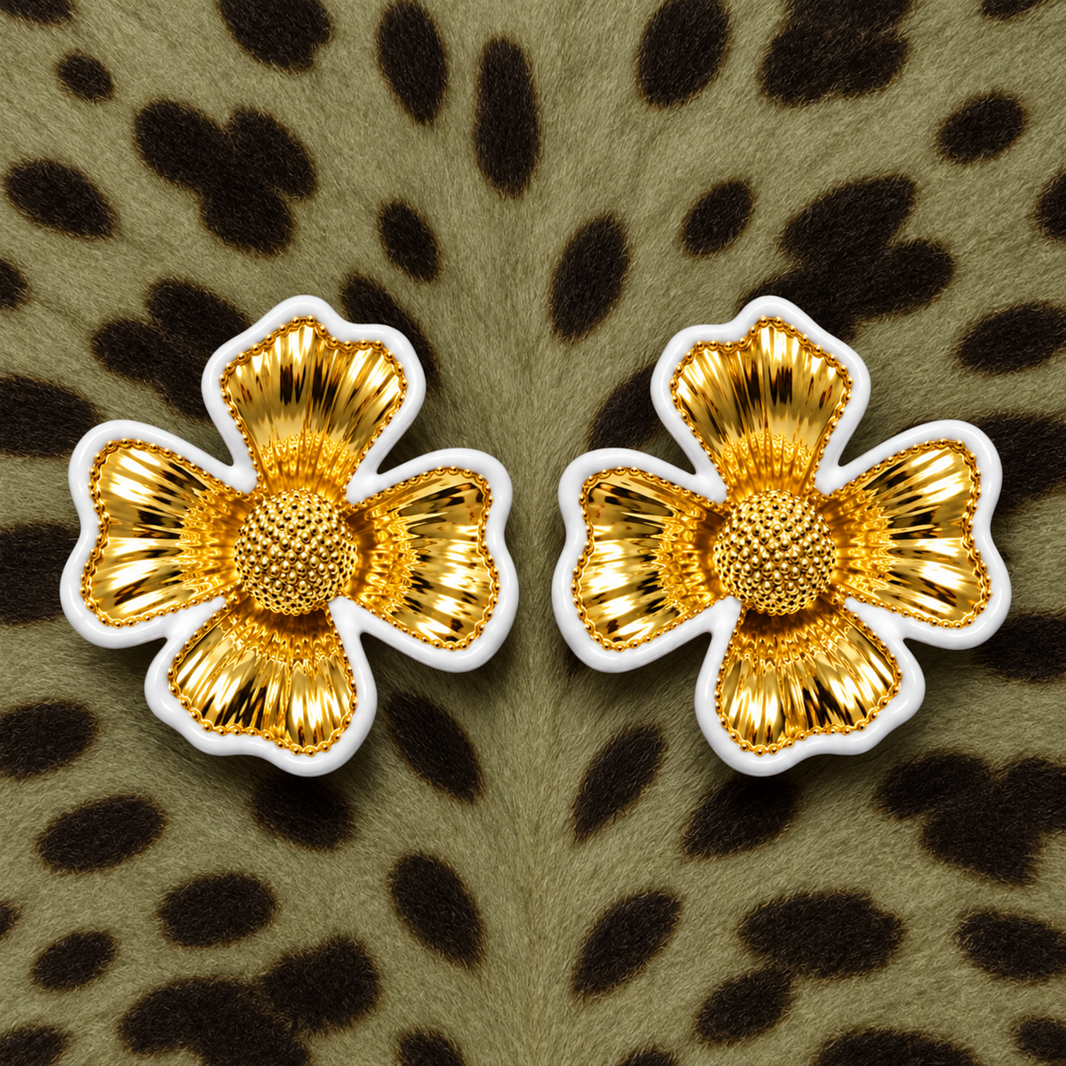 A pair of gold flower-shaped earrings with textured petals and white borders, displayed on a leopard-print background.