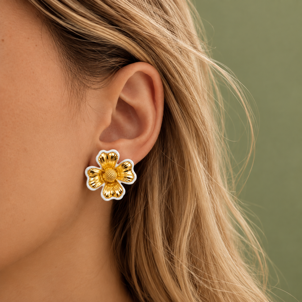 A close-up of a woman's ear wearing a gold flower-shaped stud earring with a white enamel border, set against a soft olive green background.