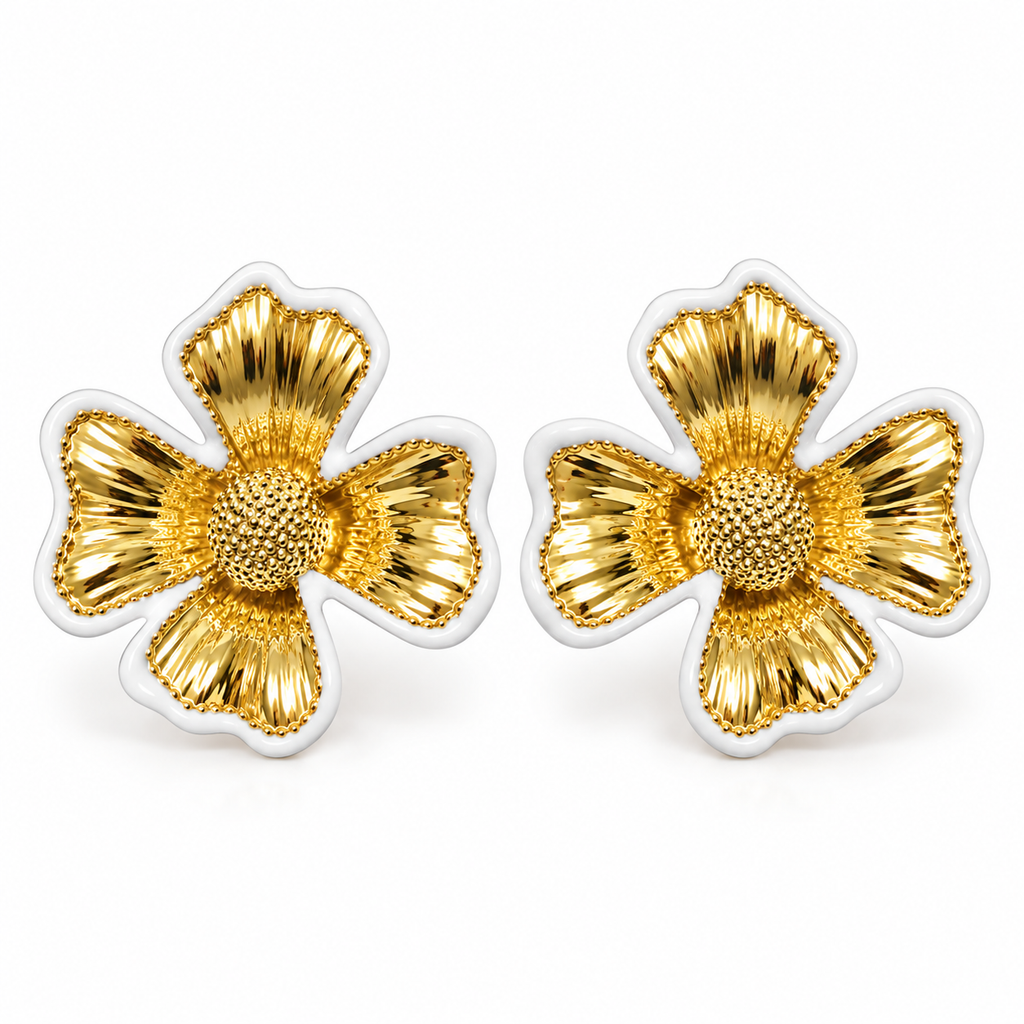 A pair of gold and white flower-shaped stud earrings with textured centers and ribbed petals, shown on a clean white background.