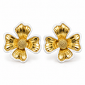 A pair of gold and white flower-shaped stud earrings with textured centers and ribbed petals, shown on a clean white background.