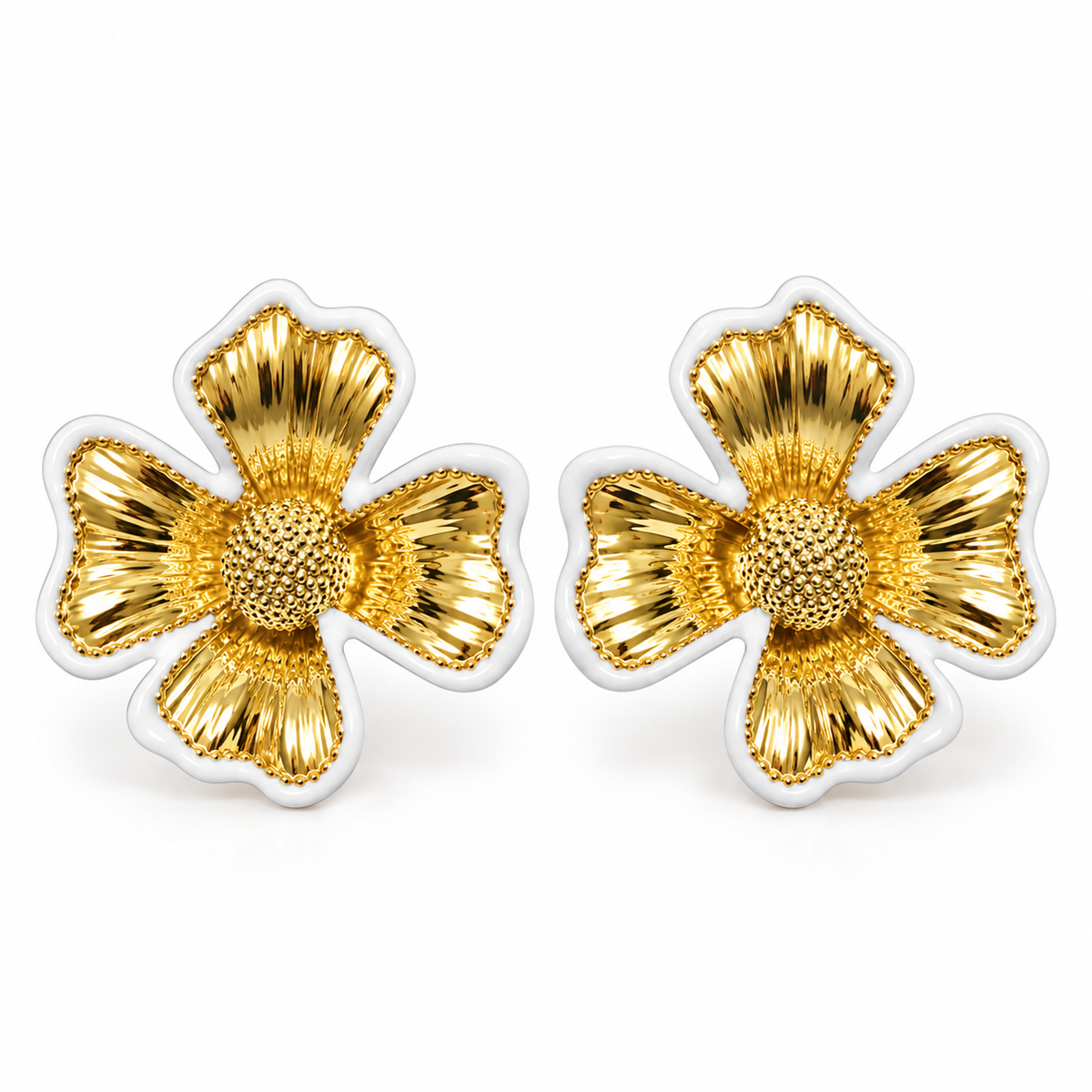 A pair of gold and white flower-shaped stud earrings with textured centers and ribbed petals, shown on a clean white background.