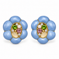 A pair of vintage-style flower-shaped stud earrings with textured light blue petals, gold-tone borders, and a central cluster of green, pink, white, and cream gemstones on a white background.