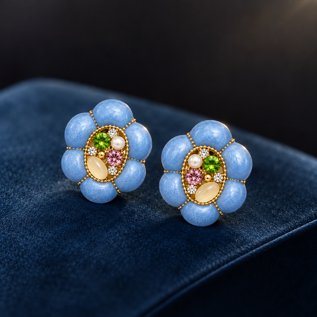 A pair of flower-shaped stud earrings with light blue beads, gold-tone metal, green and pink stones, and pearl-like white accents, displayed on a dark blue velvet surface.