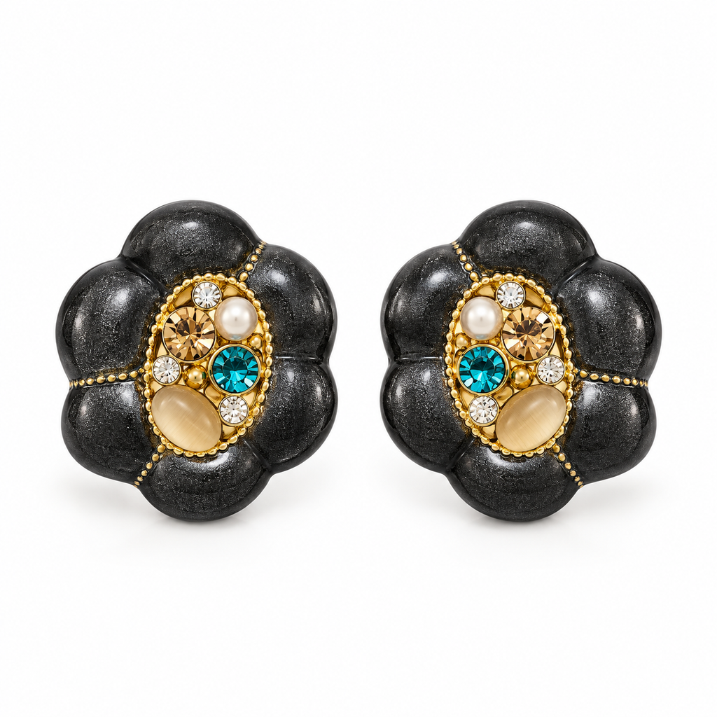 Black floral statement earrings with colorful CZ and pearl-style accents
