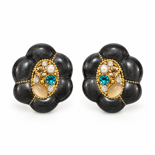 Black floral statement earrings with colorful CZ and pearl-style accents