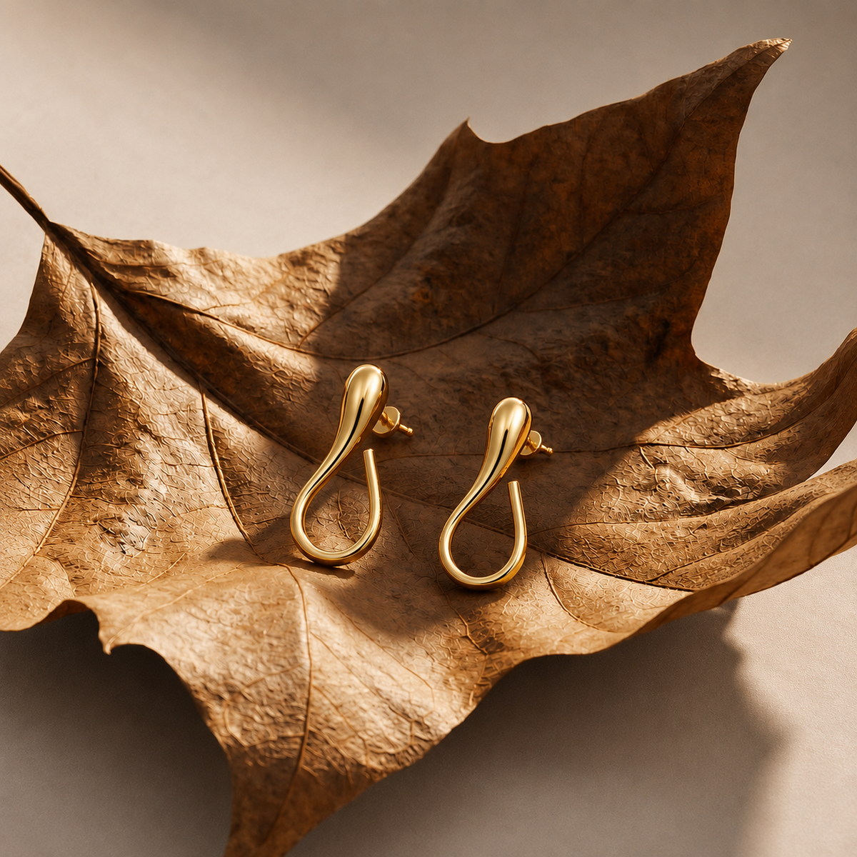 A pair of polished gold teardrop-shaped earrings resting on a large dried brown leaf against a warm beige background.