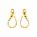 A pair of gold teardrop-shaped hoop earrings with a polished finish, displayed on a clean white background.