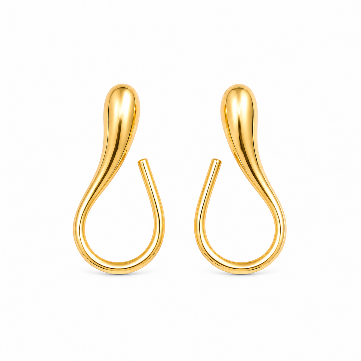 A pair of gold teardrop-shaped hoop earrings with a polished finish, displayed on a clean white background.