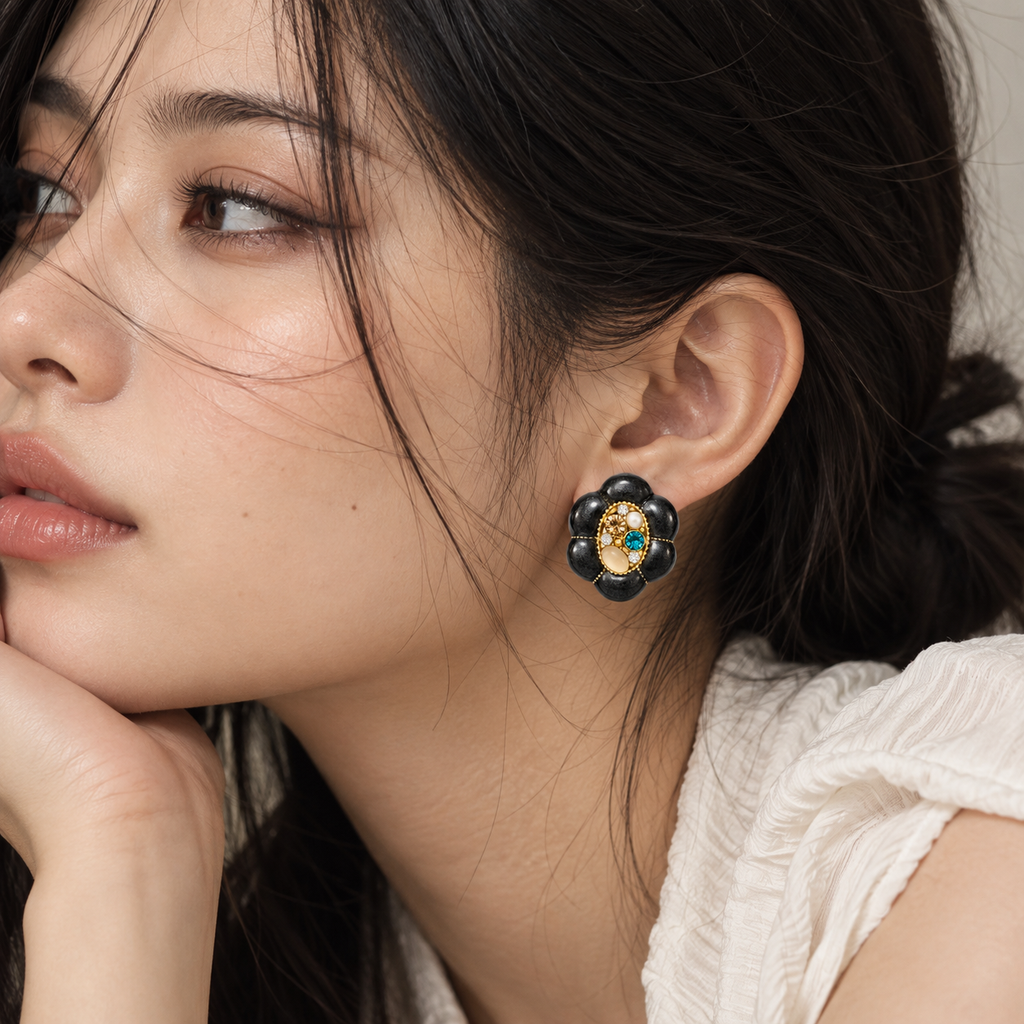 Black flower earrings for women with gold-tone detailing and CZ