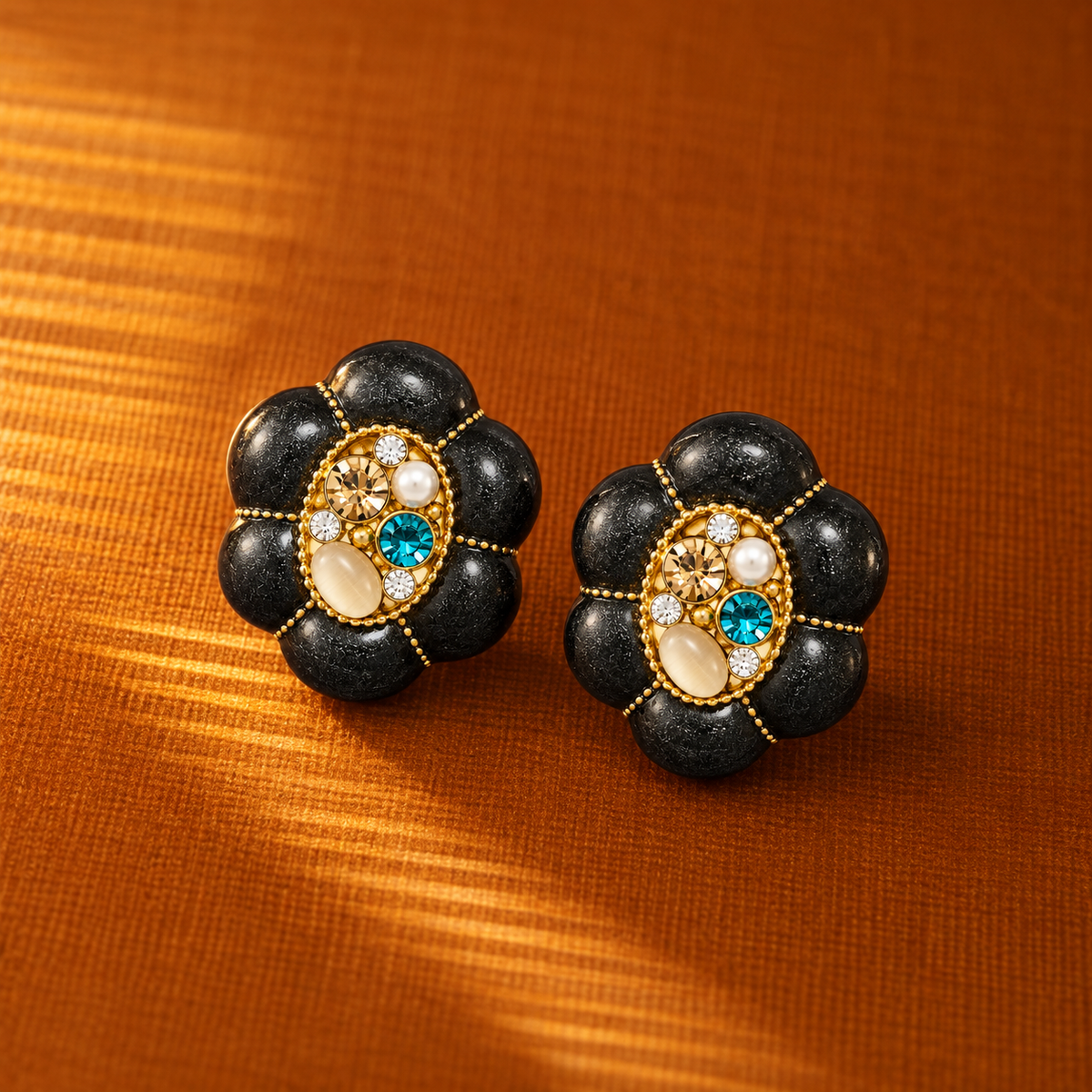 Elegant black and gold floral earrings with colorful CZ accents