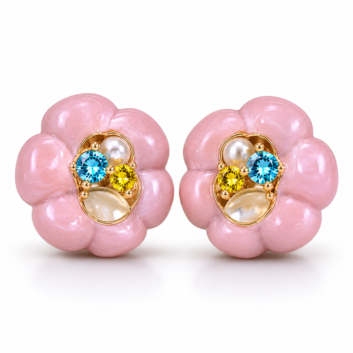 Pink floral statement earrings with colorful CZ and pearl-style accents