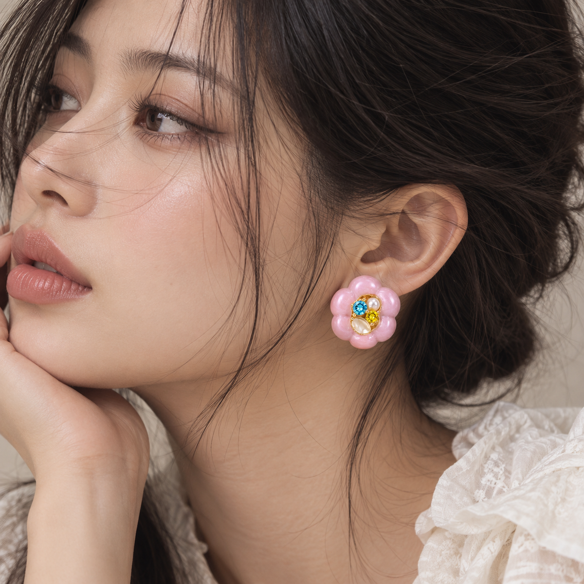 Pink flower earrings for women with gold detailing and CZ stones