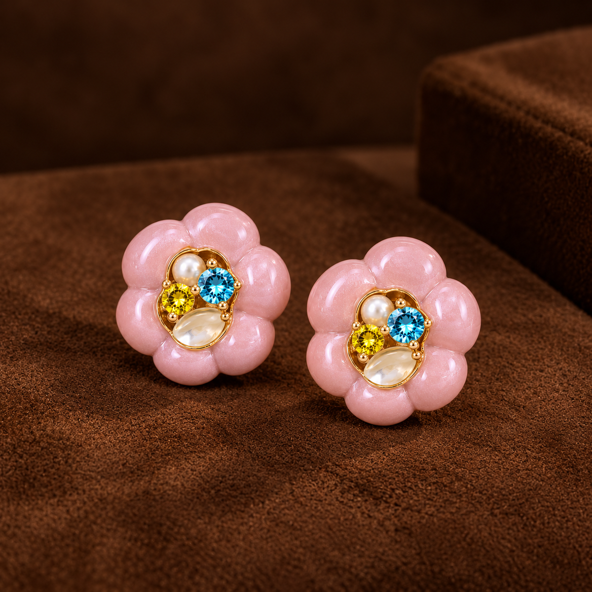 Elegant pink and gold floral earrings with CZ and pearl-style details