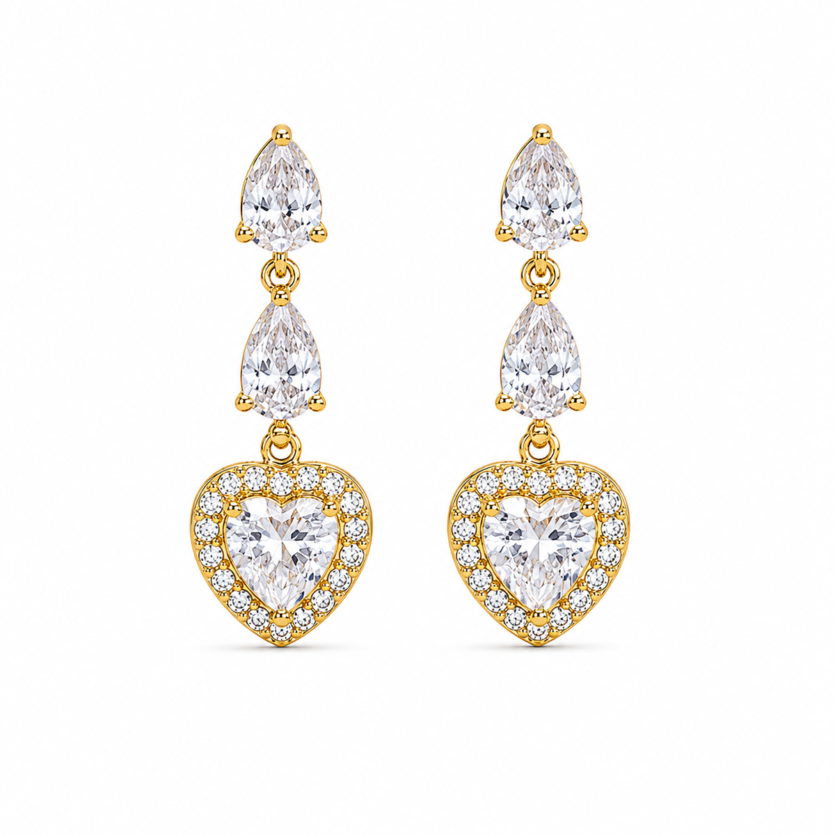 A pair of gold drop earrings featuring pear-cut and heart-cut clear crystals, set in yellow gold with small accent stones, shown against a plain white background.