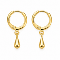 A pair of gold hoop earrings with a small teardrop-shaped dangling charm, shown on a clean white background.
