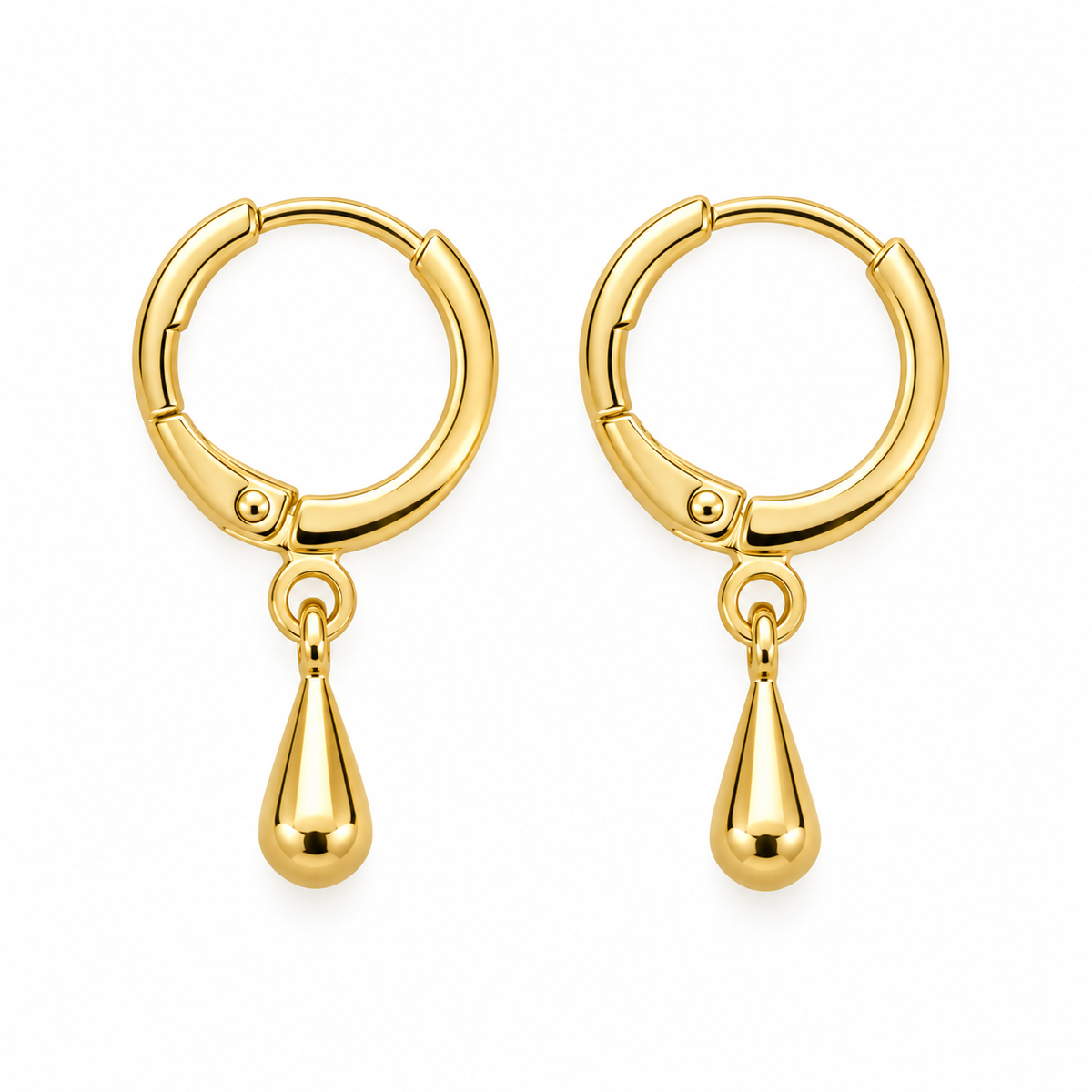 A pair of gold hoop earrings with a small teardrop-shaped dangling charm, shown on a clean white background.