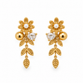 A pair of gold floral drop earrings with pearl centers, clear marquise-cut stones, and gold beads, shown on a plain white background.
