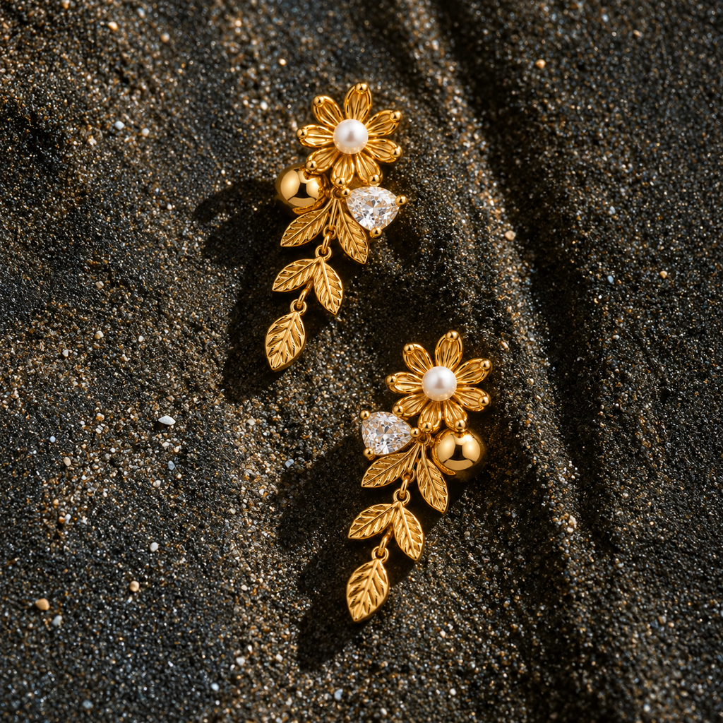 A pair of gold floral drop earrings with pearl centers, clear heart-shaped stones, and leaf charms, resting on dark textured sand.