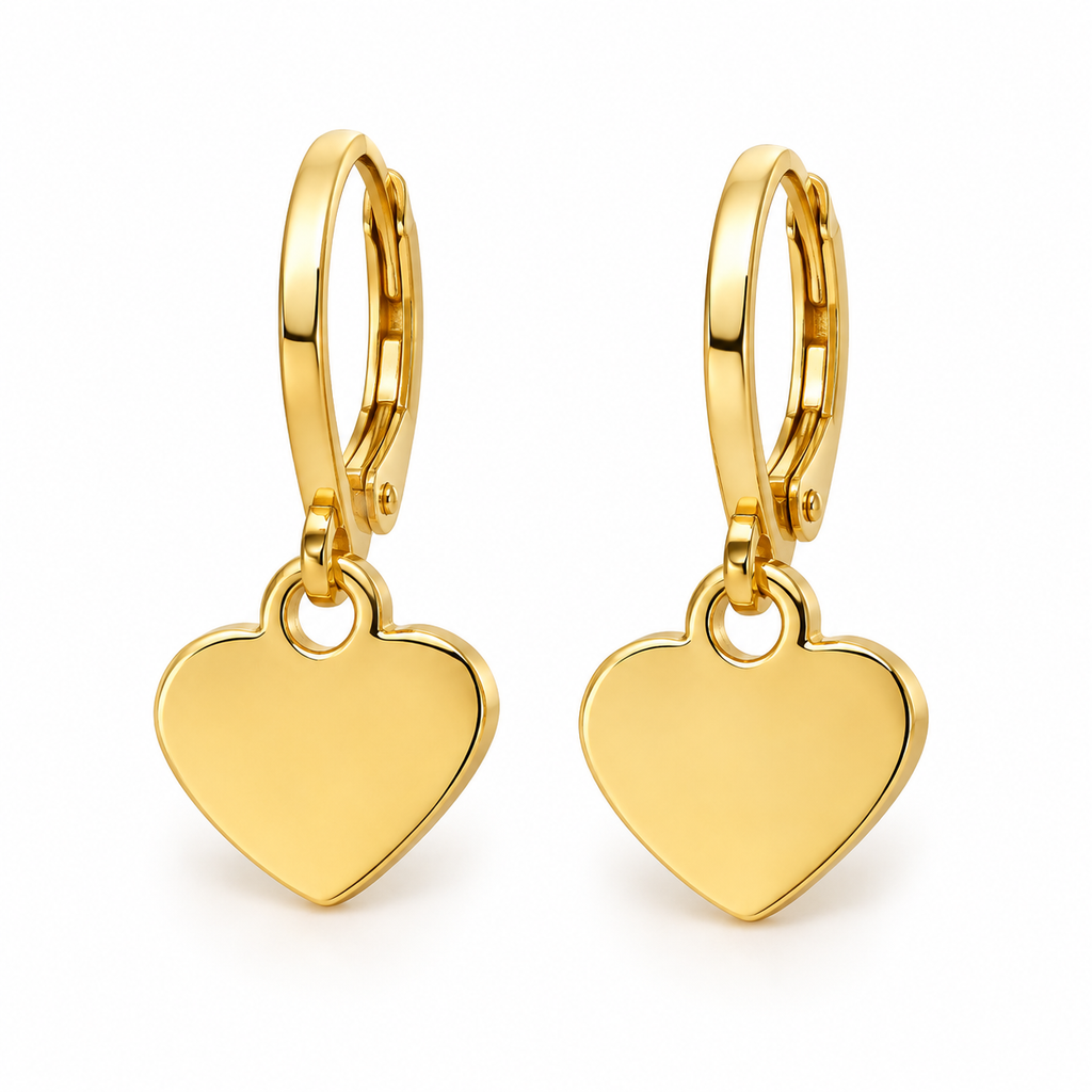 A pair of gold hoop earrings with flat, polished heart-shaped dangles, shown on a clean white background.