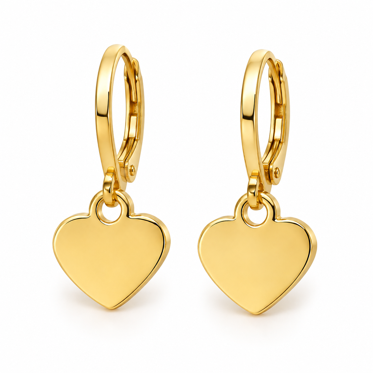A pair of gold hoop earrings with flat, polished heart-shaped dangles, shown on a clean white background.