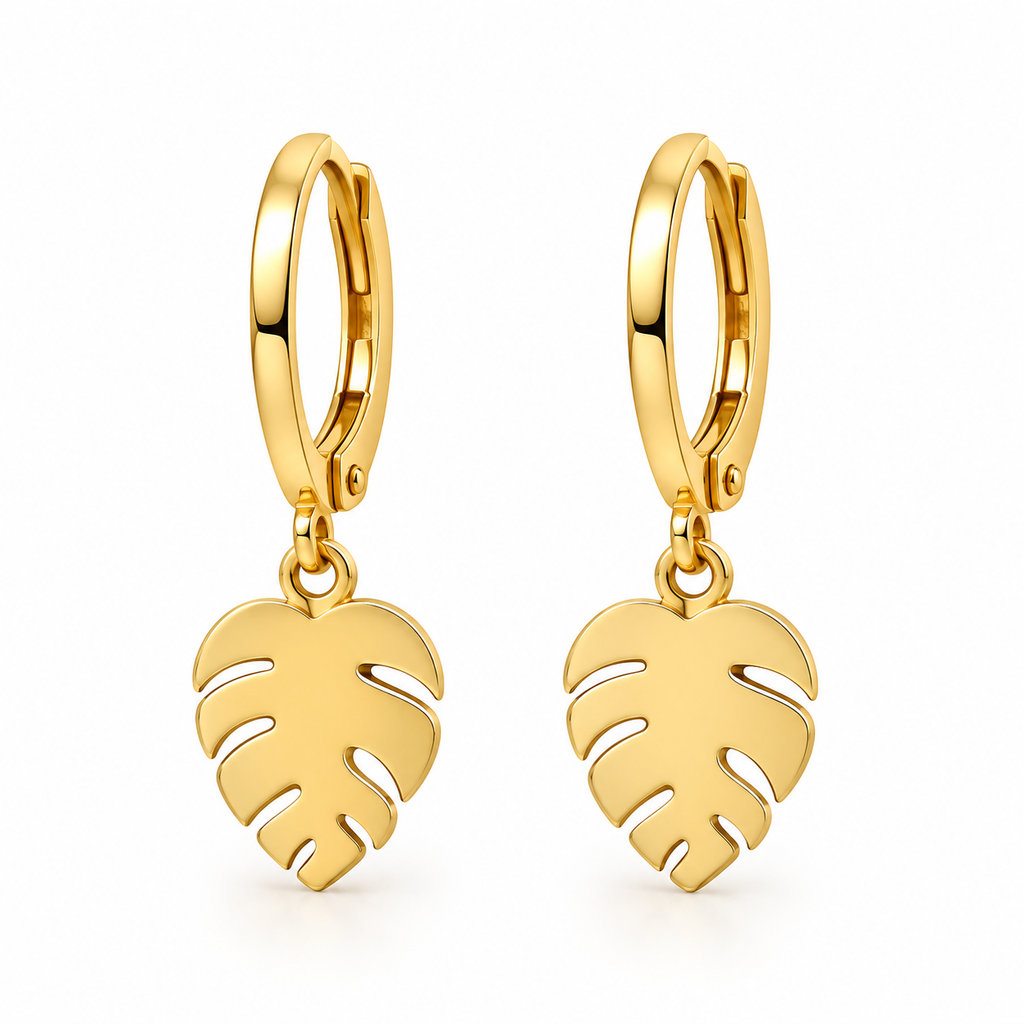 gold leaf earrings, leaf earrings for women, leaf drop earrings, gold drop earrings, gold hoop earrings, tropical leaf earrings, botanical earrings, nature inspired earrings, trendy gold earrings, statement earrings, earrings for women, 316L stainless steel earrings, 18K PVD gold earrings