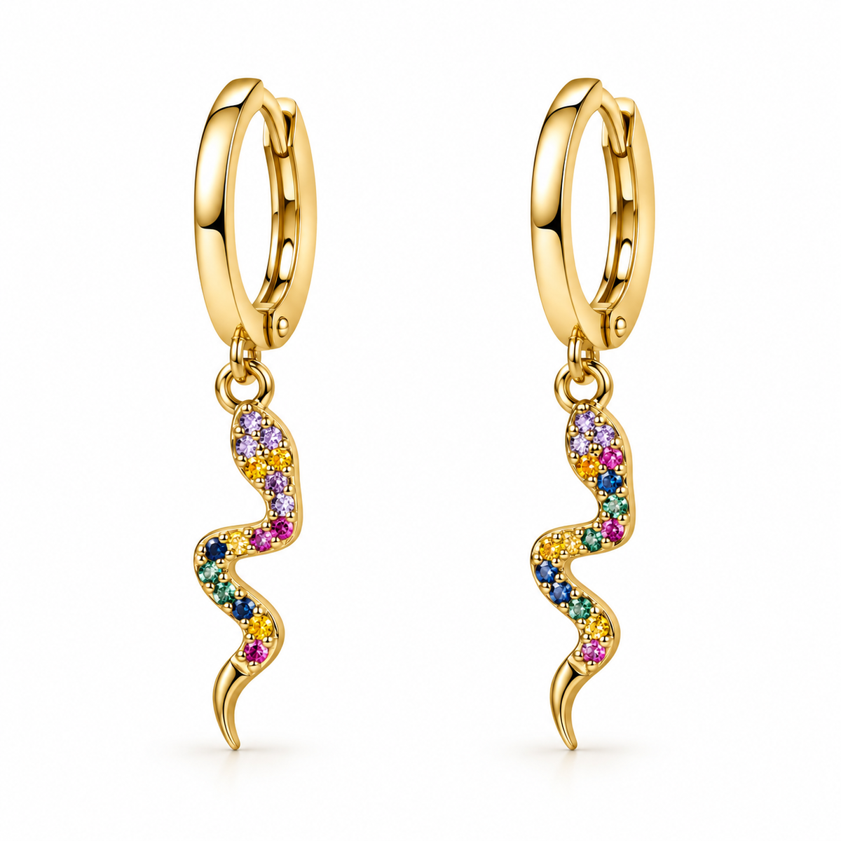 A pair of gold huggie hoop earrings with dangling wavy chains paved with multicolored gemstones, shown on a clean white background.