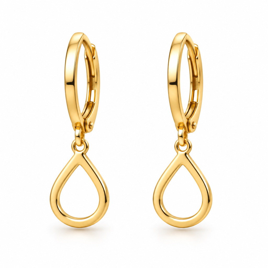 A pair of gold hoop earrings with teardrop-shaped dangling loops, shown on a clean white background.