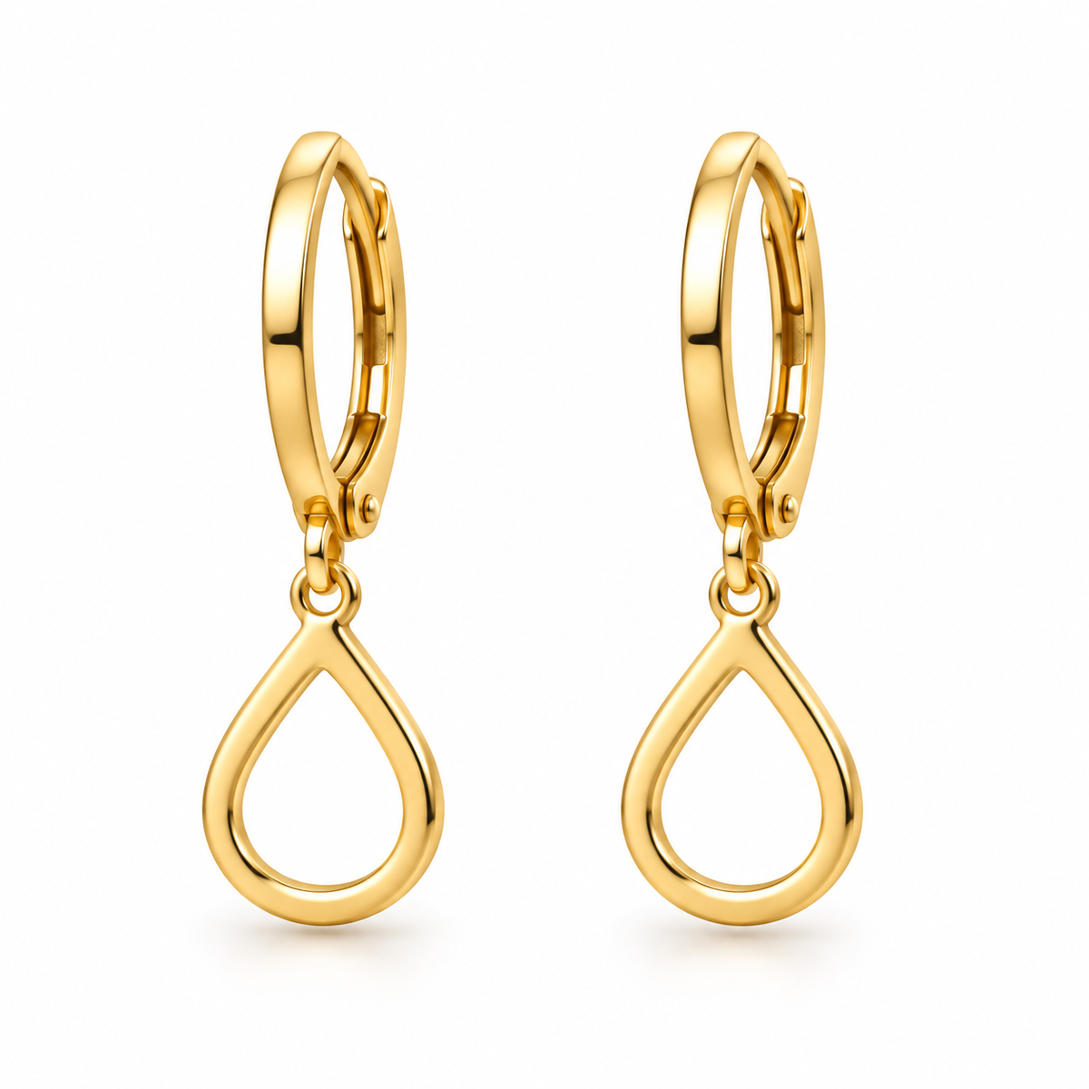 A pair of gold hoop earrings with teardrop-shaped dangling loops, shown on a clean white background.