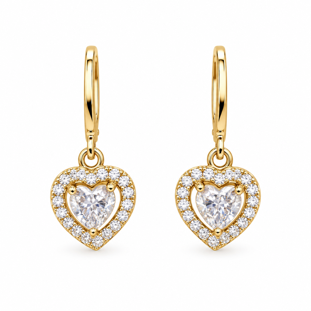 Gold heart CZ drop hoop earrings for women