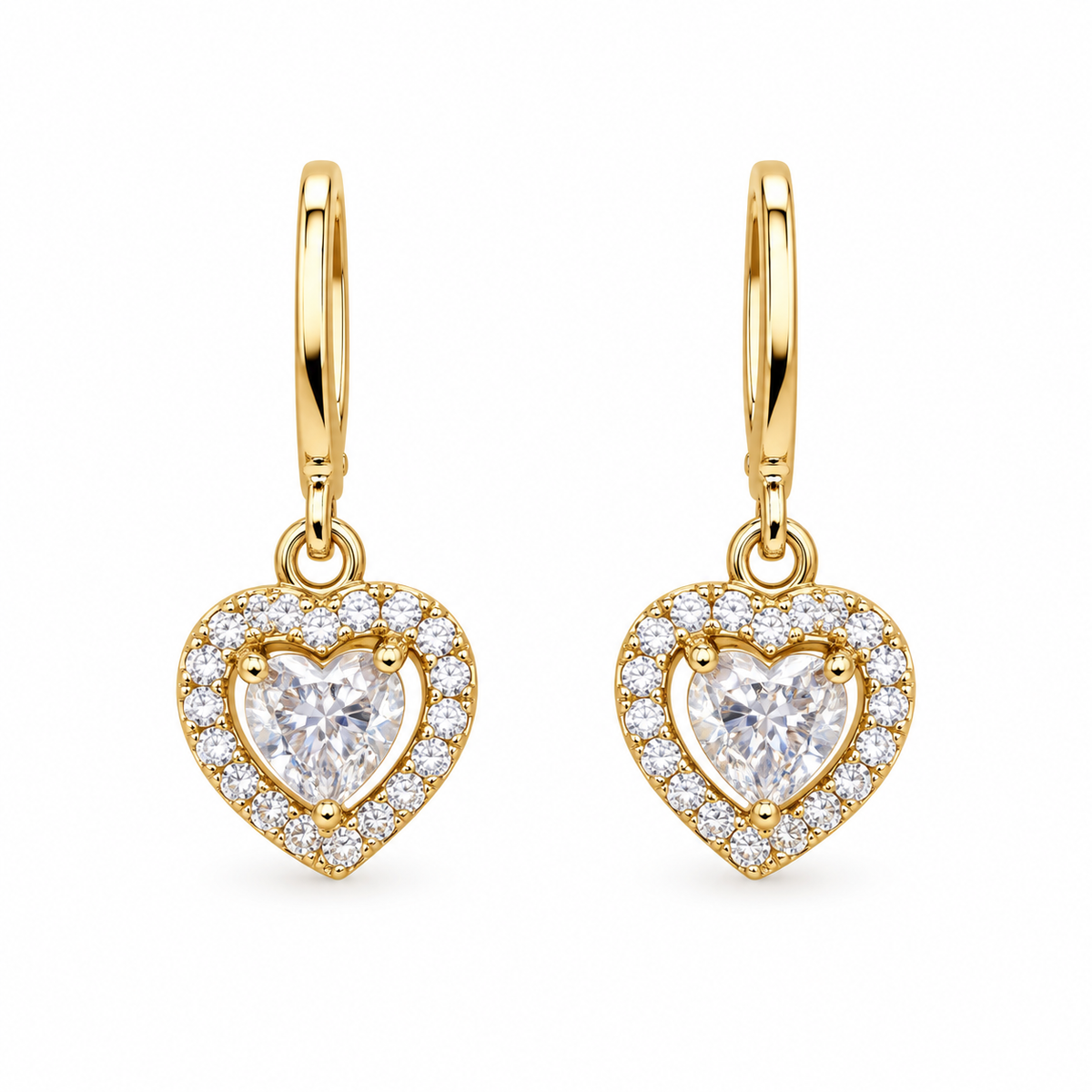 Gold heart CZ drop hoop earrings for women