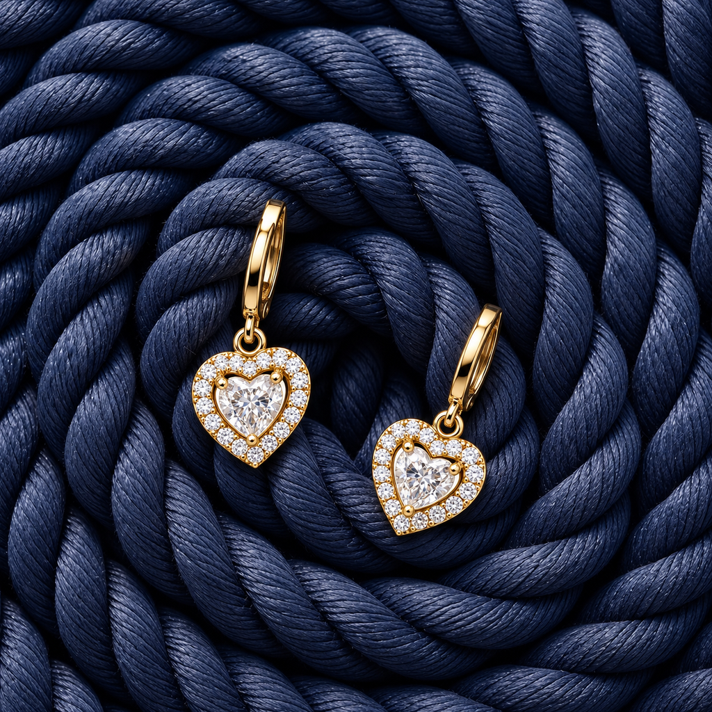 1. 18K PVD gold heart drop earrings crafted from 316L stainless steel