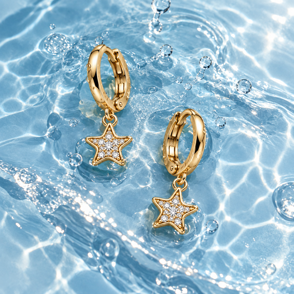 A pair of gold huggie hoop earrings with dangling star charms set with clear stones, resting on rippling blue water.