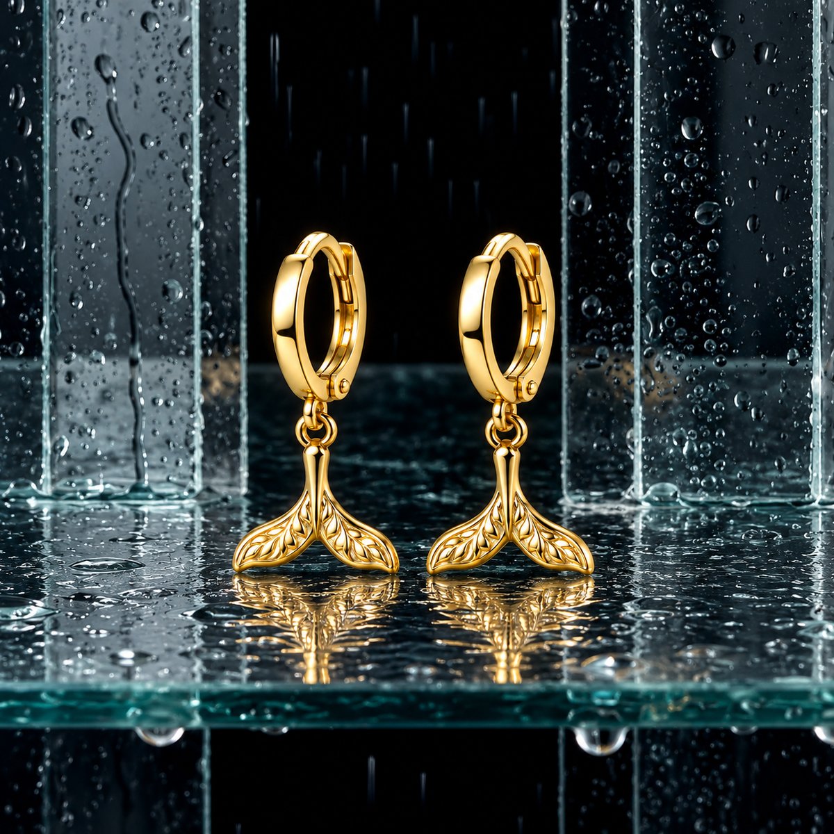 A pair of gold huggie hoop earrings with dangling leaf-shaped charms, displayed on a wet reflective glass surface with raindrops and a dark background.