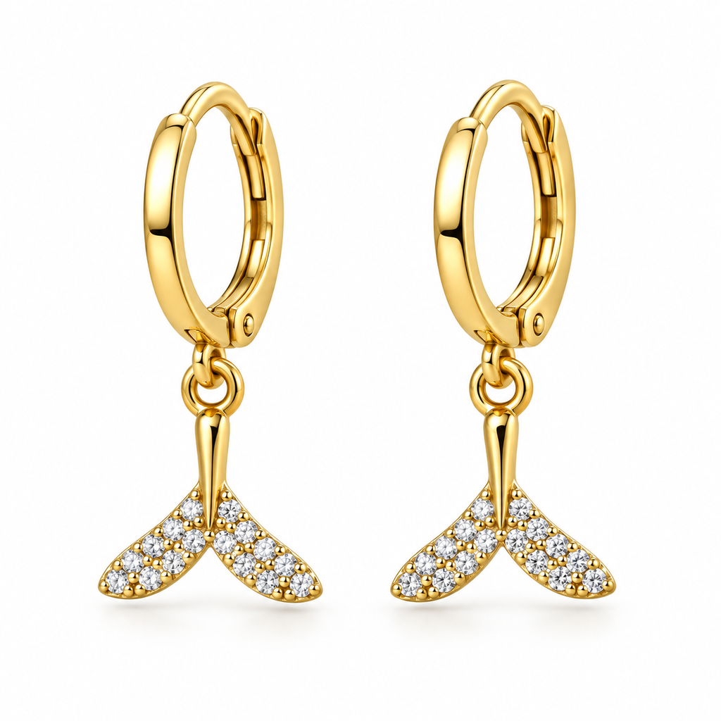 mermaid tail earrings, mermaid earrings for women, gold mermaid earrings, mermaid tail jewellery, CZ mermaid earrings, ocean inspired earrings, gold hoop earrings, CZ hoop earrings, statement earrings for women, beach jewellery, trendy gold earrings, 316L stainless steel earrings, 18K PVD gold earrings