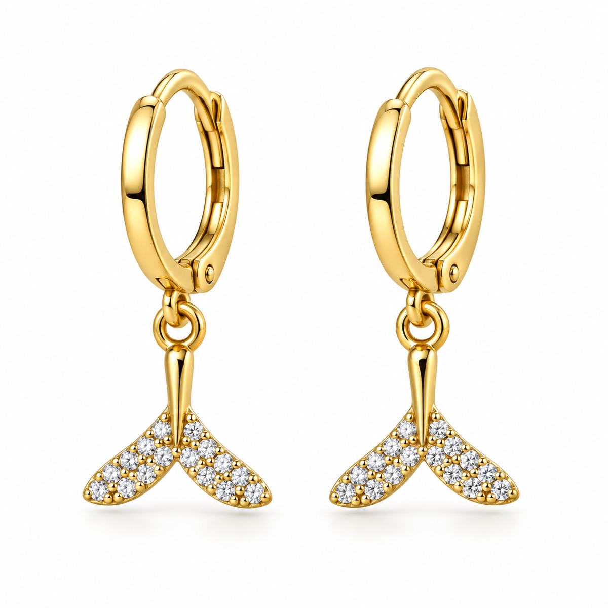 mermaid tail earrings, mermaid earrings for women, gold mermaid earrings, mermaid tail jewellery, CZ mermaid earrings, ocean inspired earrings, gold hoop earrings, CZ hoop earrings, statement earrings for women, beach jewellery, trendy gold earrings, 316L stainless steel earrings, 18K PVD gold earrings