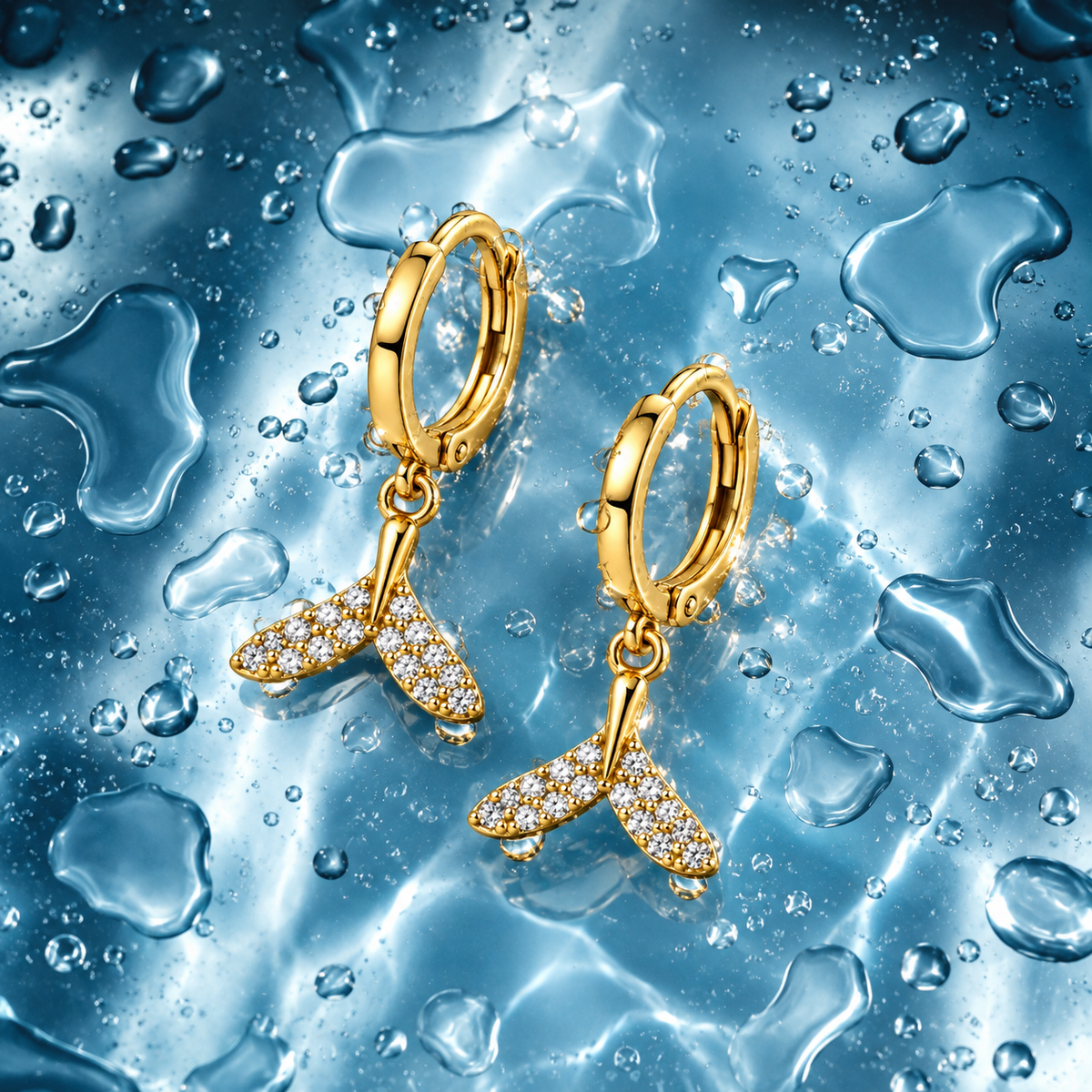 Elegant gold hoop earrings featuring a sparkling mermaid tail charm with CZ detailing. Crafted from premium 316L stainless steel with an 18K PVD gold finish for a polished look, enhanced durability, and resistance to tarnishing.