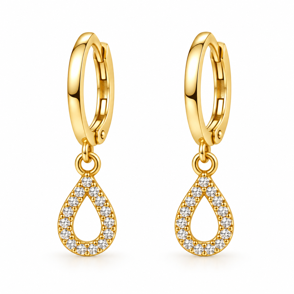 A pair of gold huggie hoop earrings with teardrop-shaped dangles paved with clear cubic zirconia stones, shown on a solid white background.