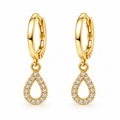 A pair of gold huggie hoop earrings with teardrop-shaped dangles paved with clear cubic zirconia stones, shown on a solid white background.