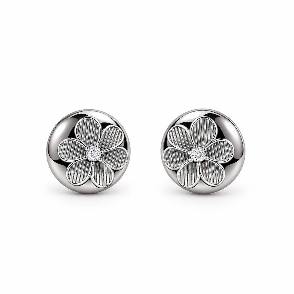 A pair of round silver stud earrings featuring a textured five-petal flower design with a small clear center stone, set against a plain white background.