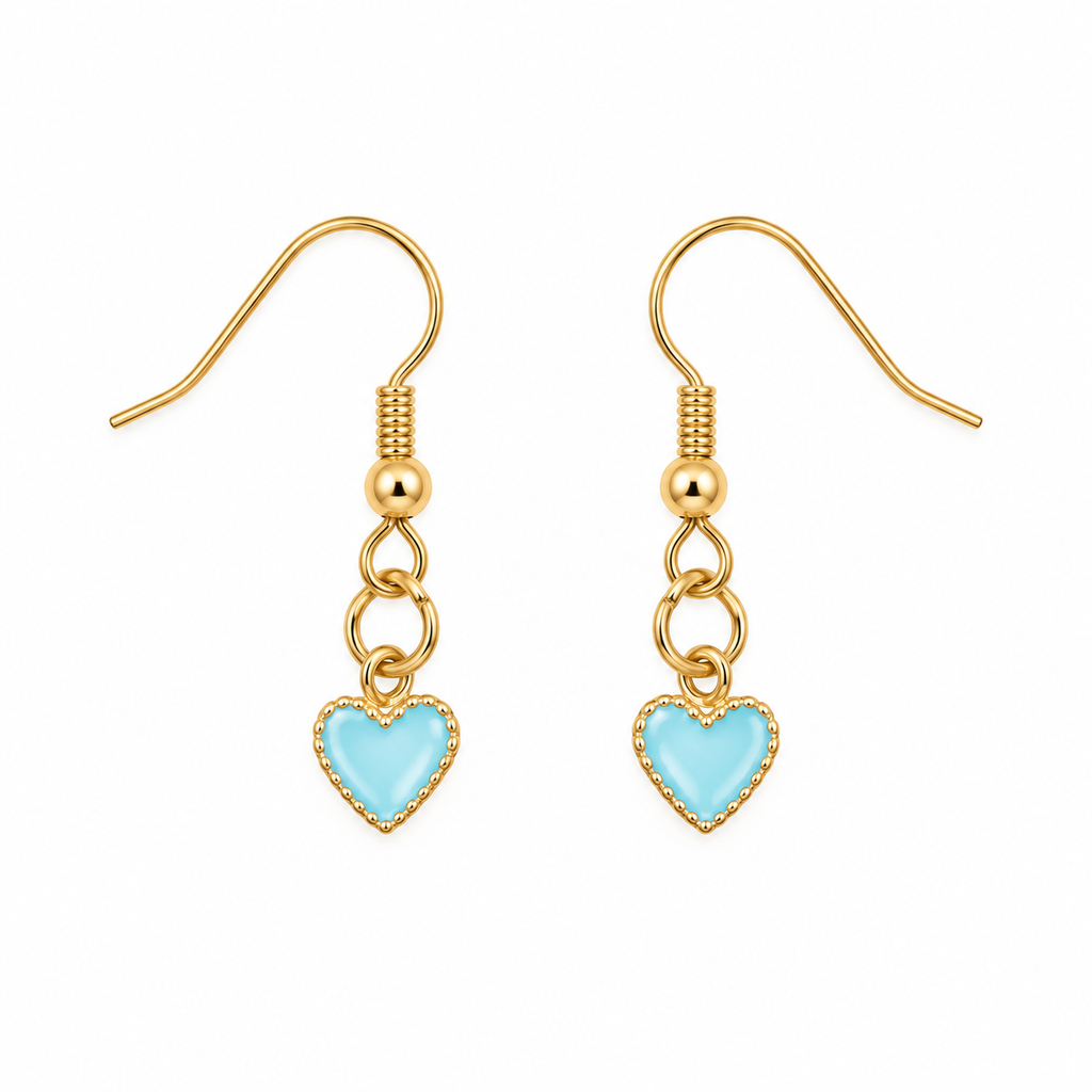 A pair of gold-tone dangle earrings with heart-shaped light blue enamel charms, shown on a plain white background.