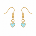 A pair of gold-tone dangle earrings with heart-shaped light blue enamel charms, shown on a plain white background.