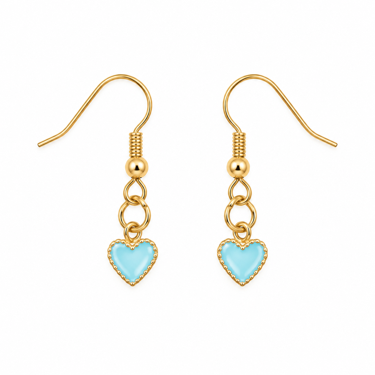 A pair of gold-tone dangle earrings with heart-shaped light blue enamel charms, shown on a plain white background.