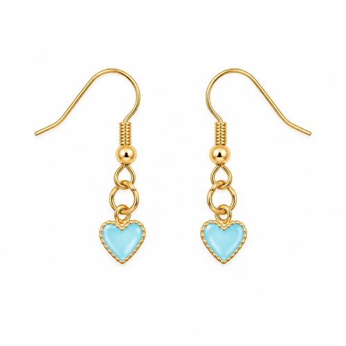 A pair of gold-tone dangle earrings with heart-shaped light blue enamel charms, shown on a plain white background.