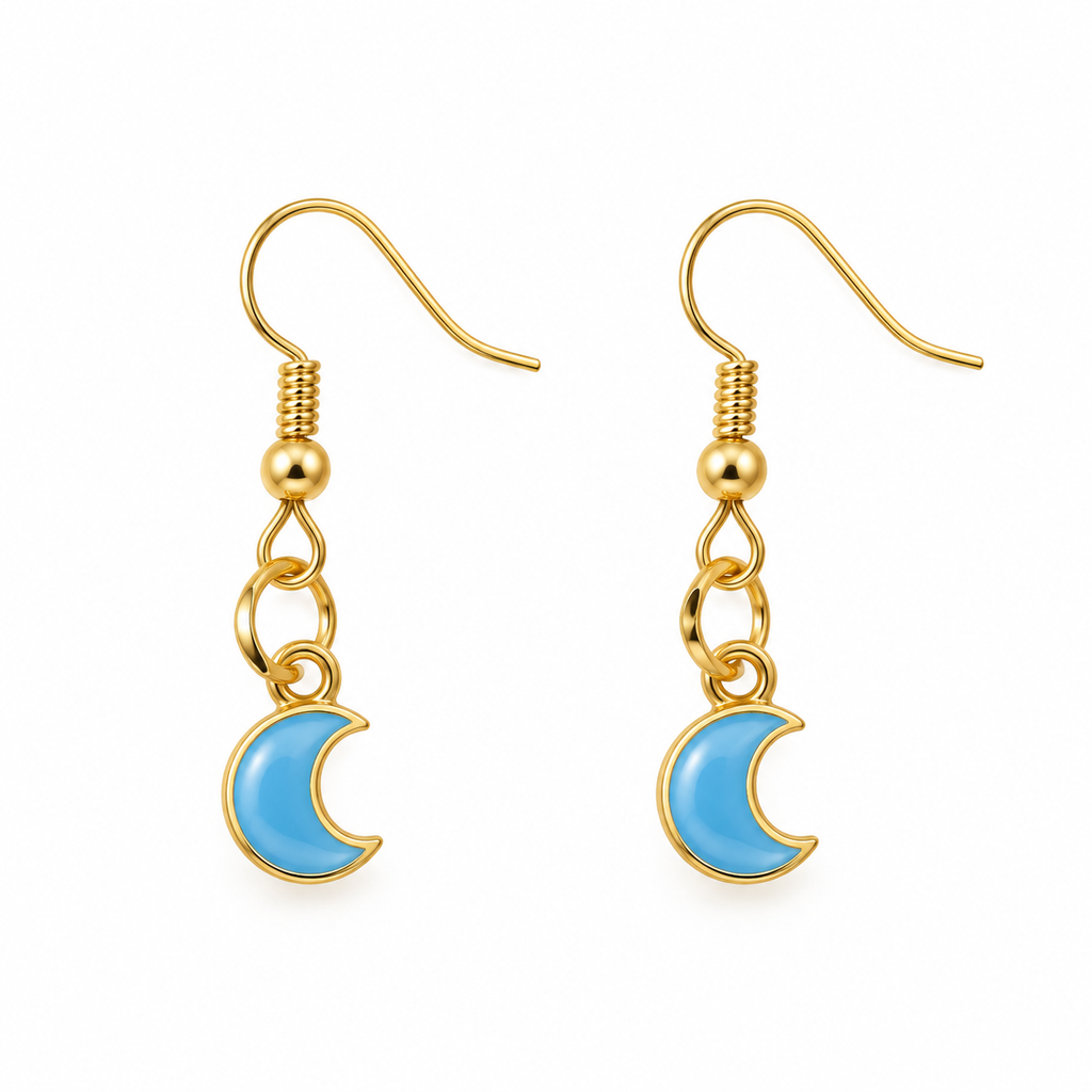 A pair of gold dangle earrings with crescent moon charms, featuring light blue enamel inlay, shown on a plain white background.