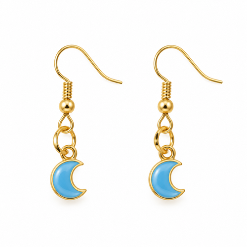 A pair of gold dangle earrings with crescent moon charms, featuring light blue enamel inlay, shown on a plain white background.
