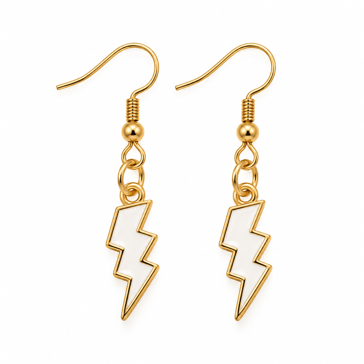 A pair of gold-tone lightning bolt drop earrings with white enamel fillings, shown on a plain white background.