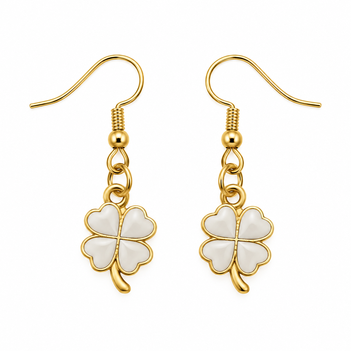 A pair of gold and white four-leaf clover dangle earrings on a solid white background.